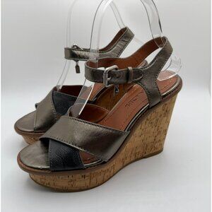 Coach Cross Band High Wedge Sandal Women Size 6B Charcoal/Gunmetal Leather Shoes